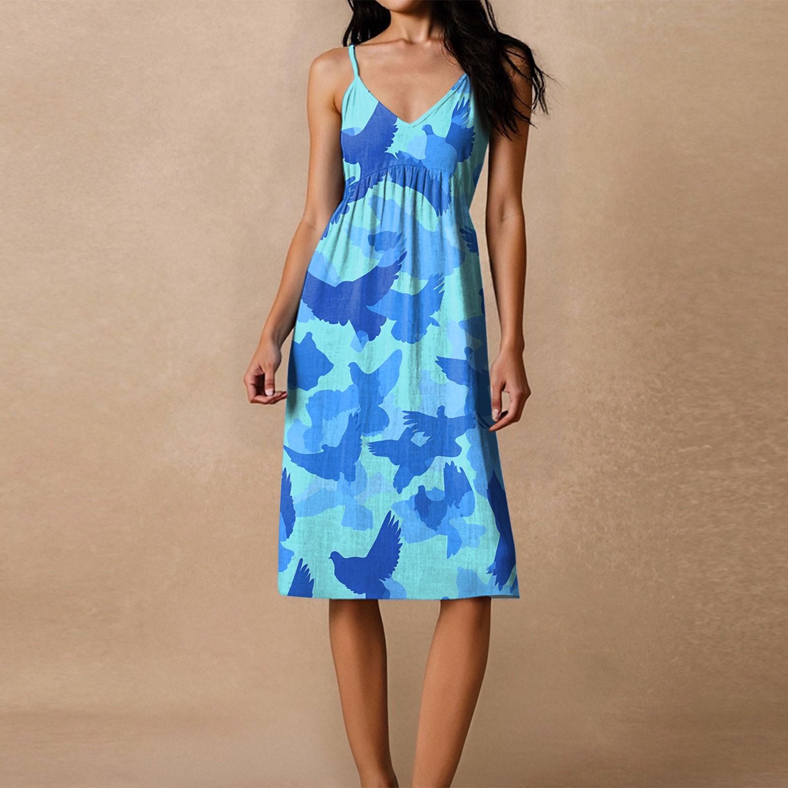

Women s Spaghetti Strap Backless Bow Loose Casual Beach Holiday Dress Sundress XL небо синє кольору