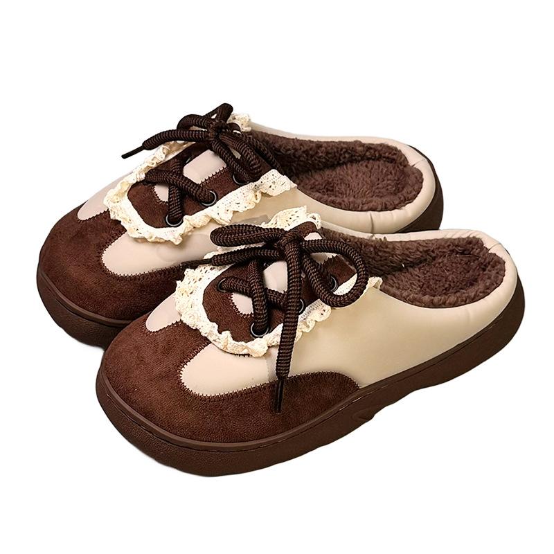 New Retro Leather Color Matching Tether German Training Shoes Autumn and Winter Indoor Household Velvet Warm Non-slip Cotton Slippers