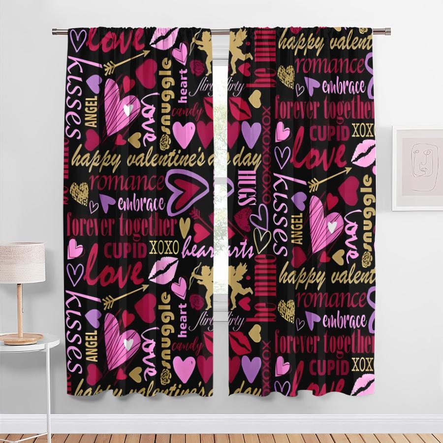 

2PCS Purple Red Love Curtains Romantic Style Bedroom and Living Room Drawbar Pocket Decorative Curtains 100*130 Grommet Top 1pcs