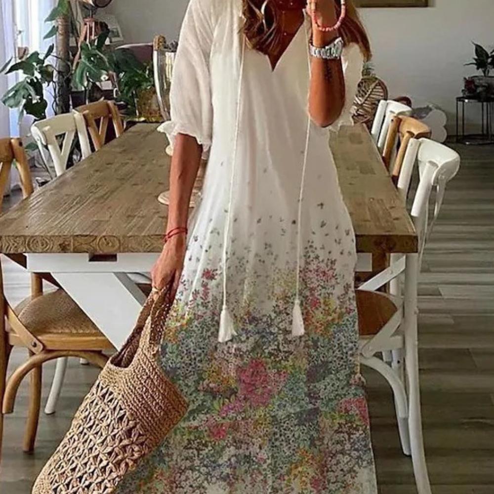 Summer Women V-neck Short Sleeved Long Dress Elegant Flower Printed Women's Loose Dress Bohemian Style Women's Clothing