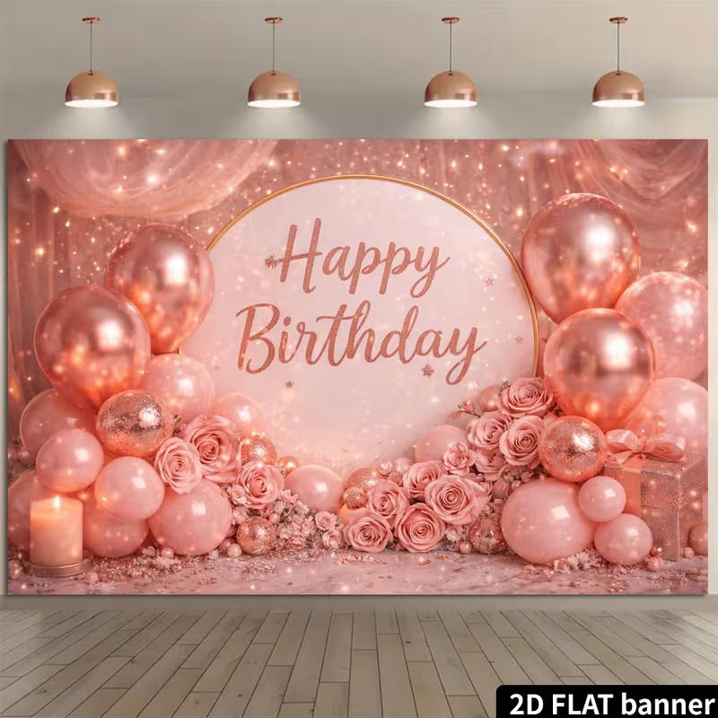 

2D Rose Gold Happy Birthday Backdrop with Balloons, Roses & Twinkle Lights 47.2x31.5inch/120*80cm