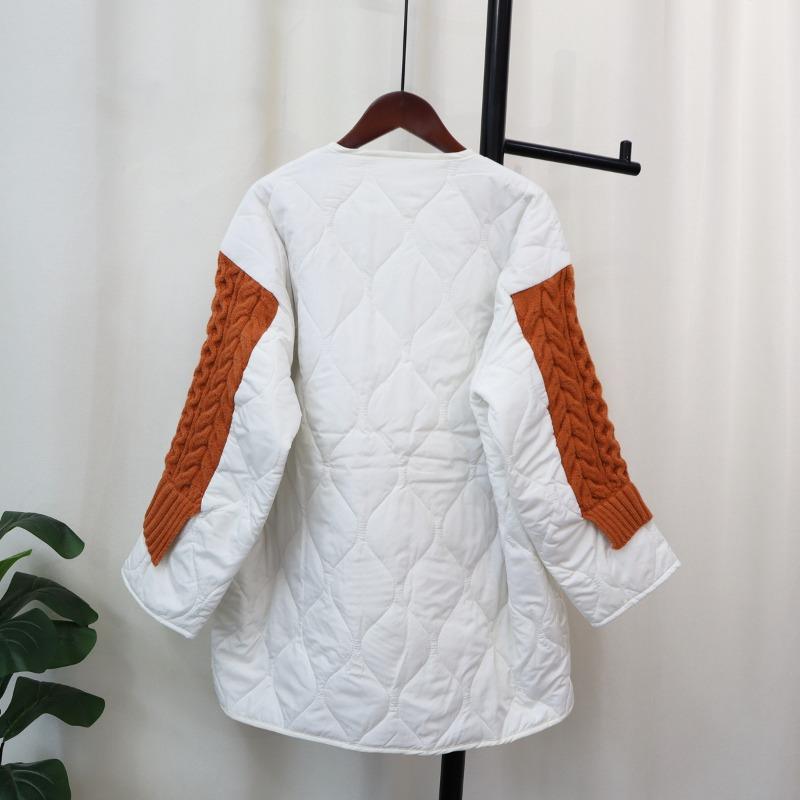 Autumn and winter loose splicing cotton clothes knitted cardigan women's rhombus contrasting color sweater jacket contrasting color design