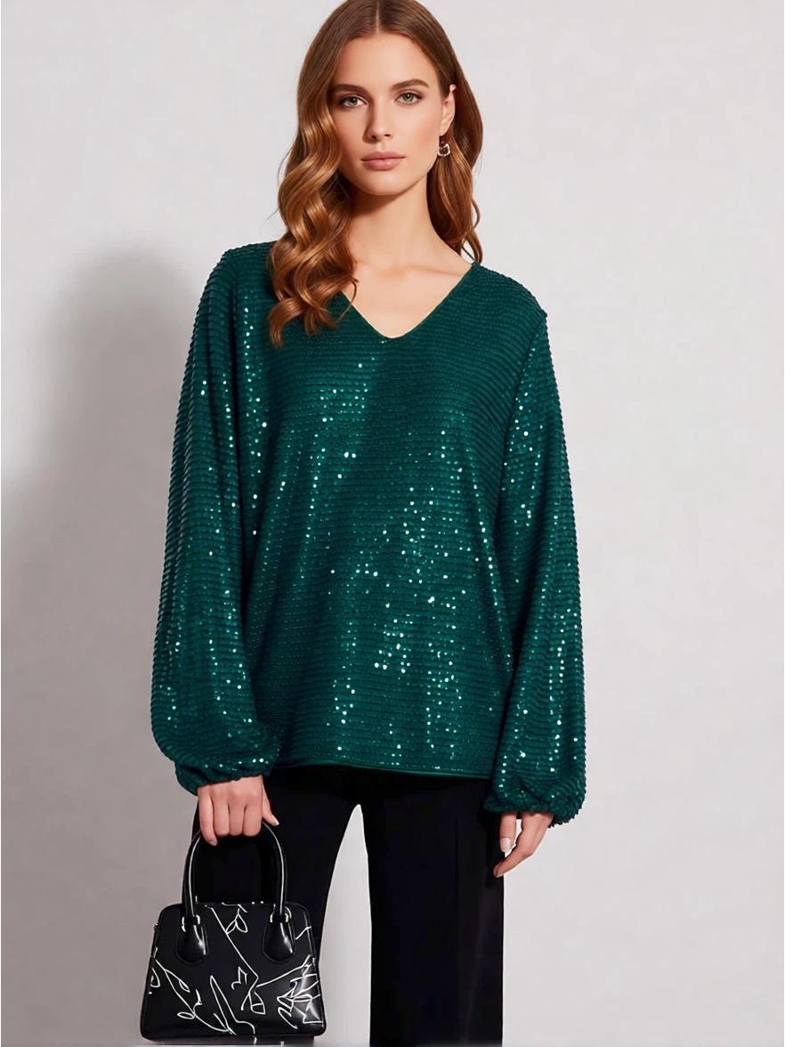 

Элегантный женский топ с пайетками, V-образным вырезом, свободными длинными рукавами XXL зелёный