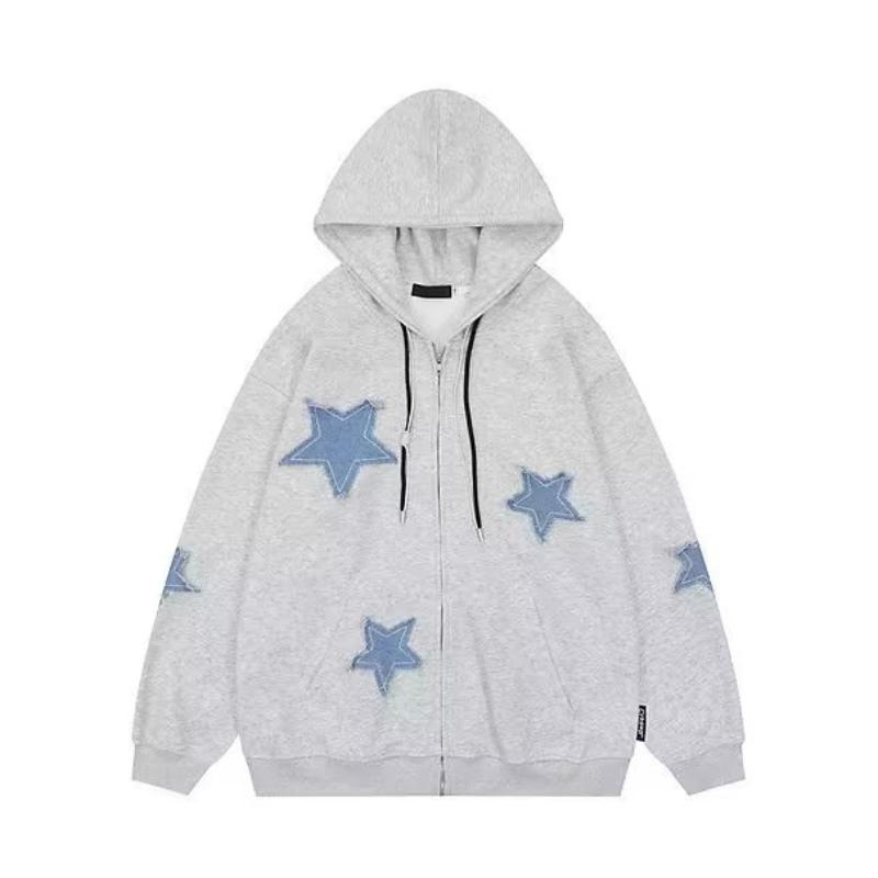 2026 Spring And Autumn New Trendy American Retro Letter Star Printed Jacket Hoodie Trendy Men's Loose Casual Solid Color Jacket