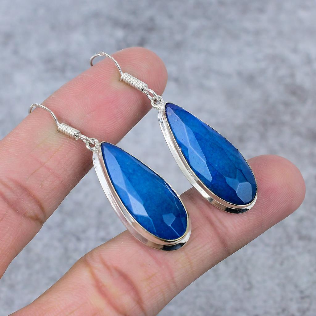 Blue Jade Gemstone Handmade 925 Sterling Silver Jewelry Earring 2.36" M-355