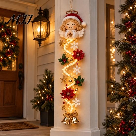 Warm Glowing Christmas Wall Decorations Door Hanger, Quilted Fabric Santa Snowman Tree Gingerbread Hanging Outdoor Porch Decoration for Holidays Light