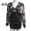 Women Lace Patchwork Long Sleeve Blouse Elegant Deep V Neck Slim Fit Pullover Top Office Lady Embroidery Floral Blouse