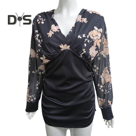 Women Lace Patchwork Long Sleeve Blouse Elegant Deep V Neck Slim Fit Pullover Top Office Lady Embroidery Floral Blouse