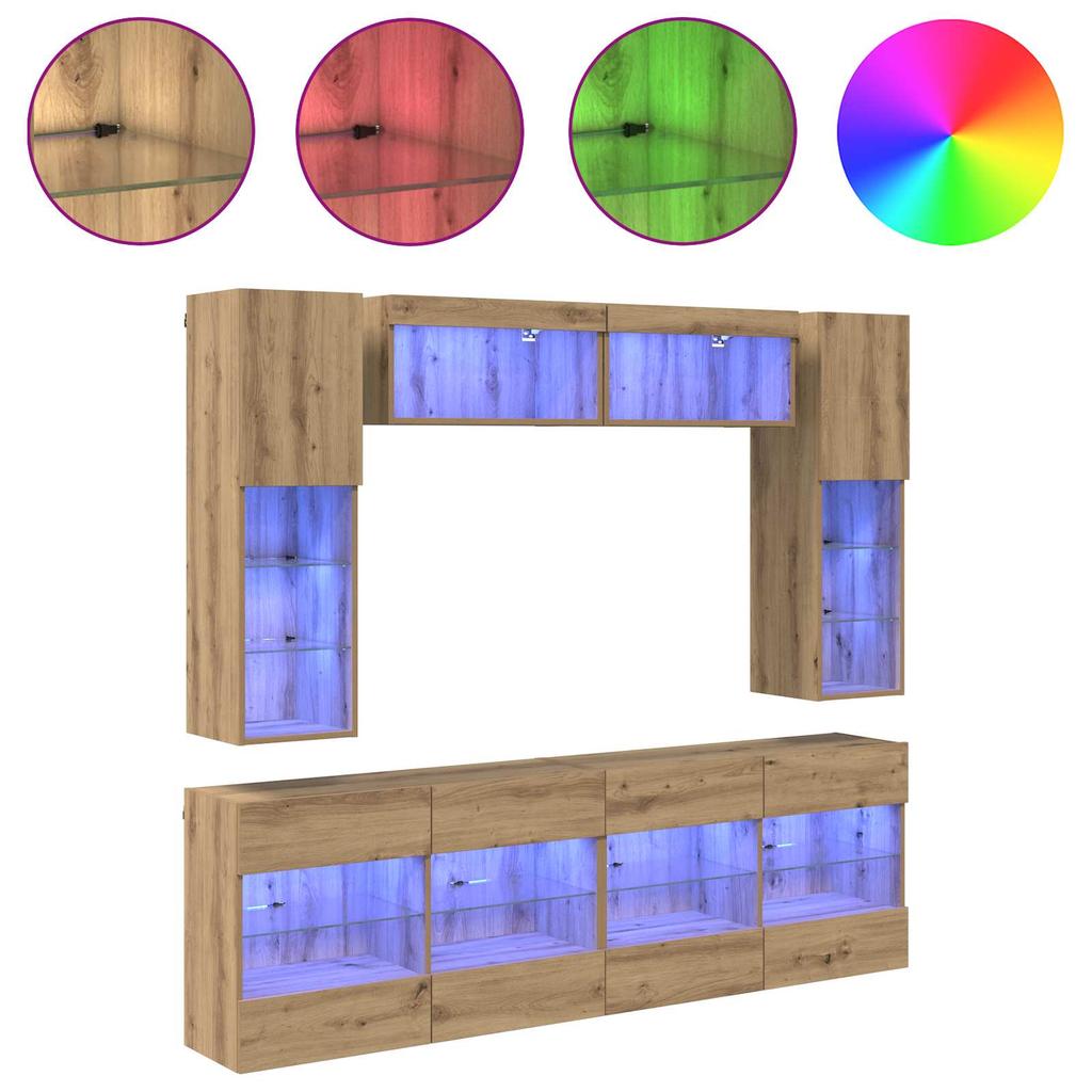 TV Wall Shelf Set with LED 6 pcs Artisan Oak Wood Based Material