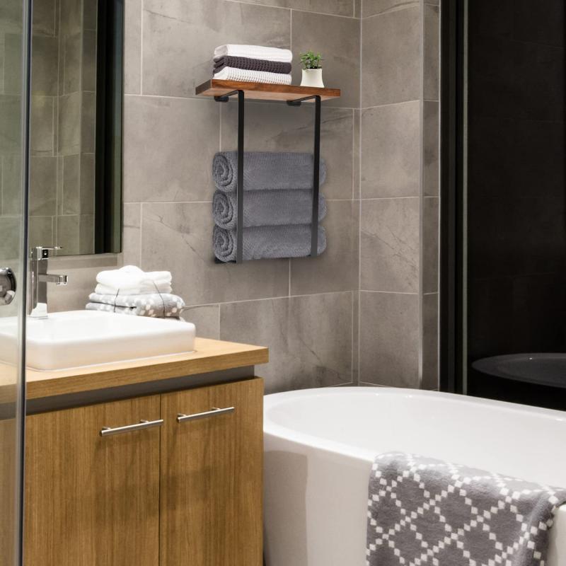 Handtuchhalter aus Metall mit Holzregal für kleines Badezimmer, Halter für gerollte Bade- und Handtücher, Aufbewahrung und Organisation, Dekor