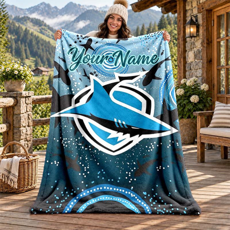 Cronulla Sharks Custom Name Flannel Blanket Personalized Soft Warm Plush Throw Blanket Customized Gift for Family Friends