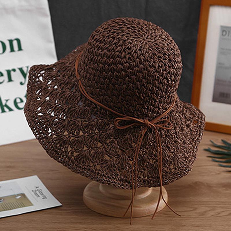 Handmade Crochet Straw Hat Women's Foldable Versatile Bow Travel Vacation Visor Beach Big Eaves Hat Summer