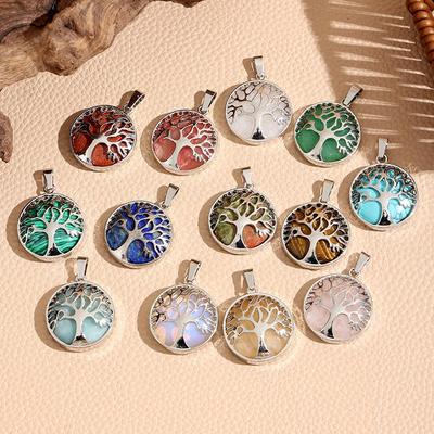 Collana Pendente Rotondo Vuoto Albero della Vita in Agata Cristallina - Ornamento Gioiello in Pietra Semipreziosa
