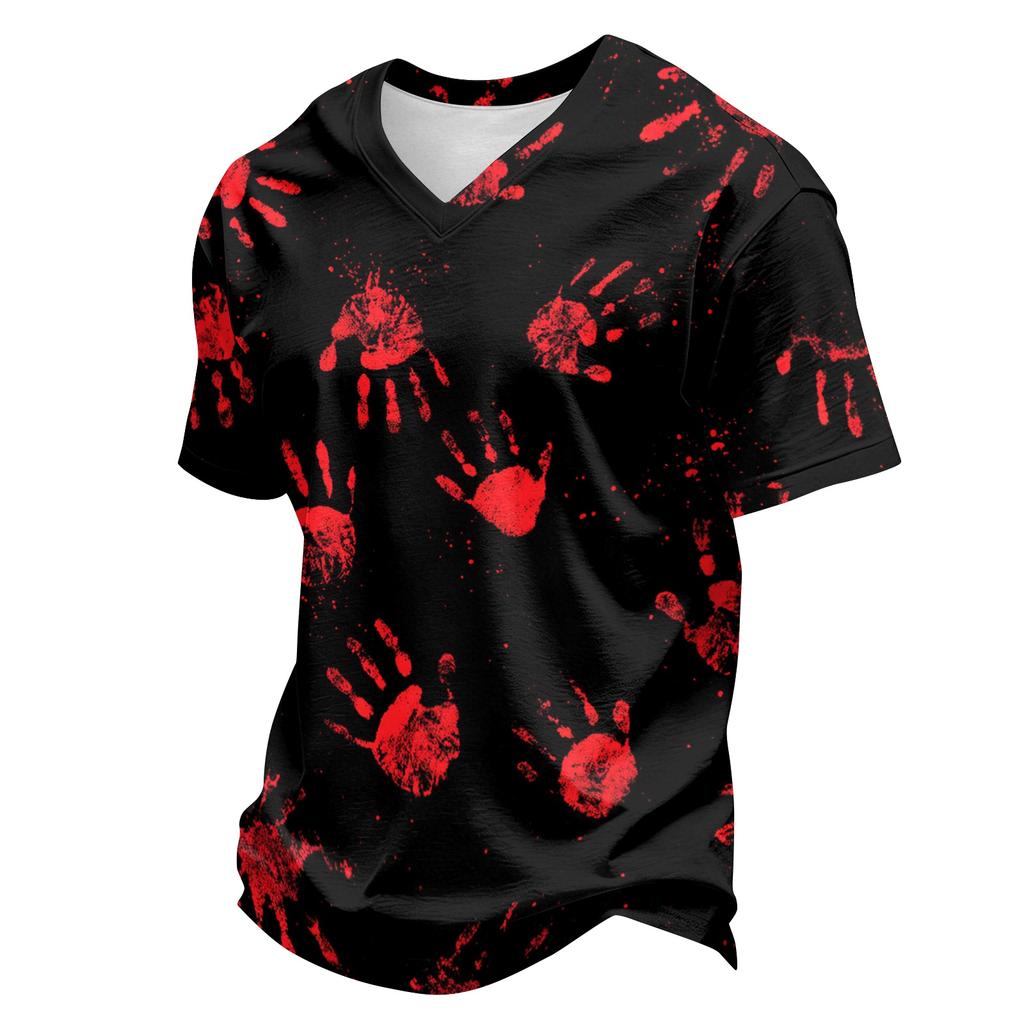 Men's Casual Lightweight Breathable Short Sleeve V Neck Shirt Halloween Print Handprint Pattern Comfortable Fit