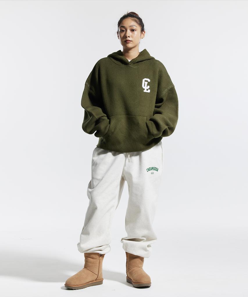 CREAM SODA LAB Cl Washed Graphic Jacquard Hoodie Knit Khaki