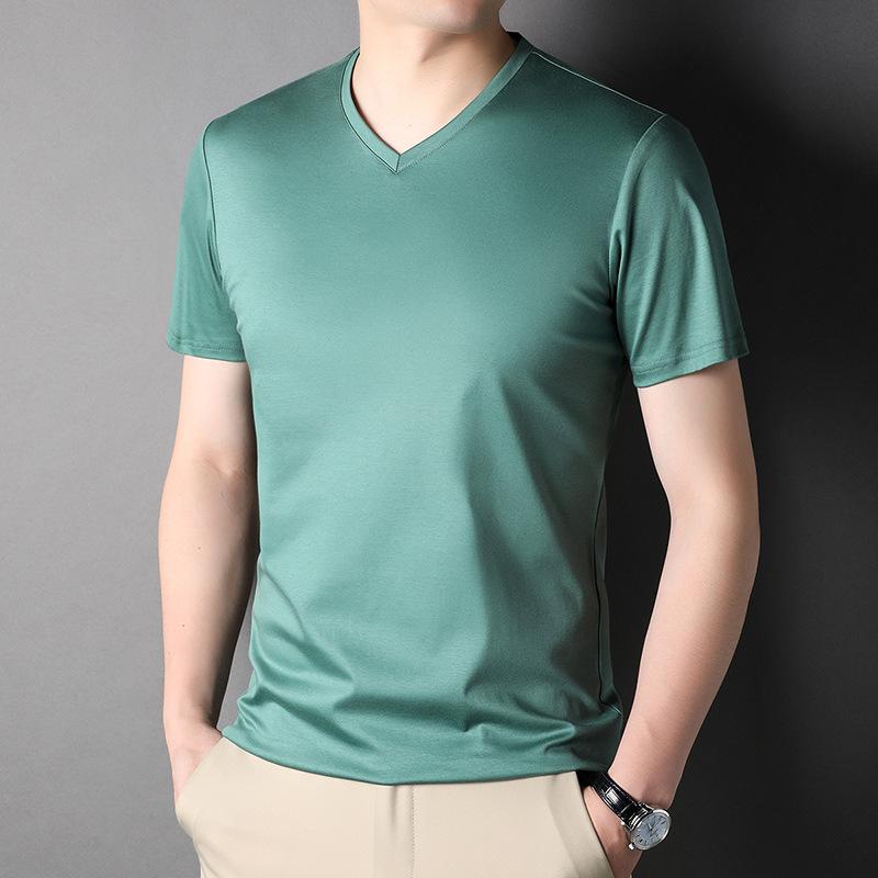 Solid Color Mulberry Silk Short-sleeved T-shirt Men's Round Neck Mercerized Cotton Half-sleeved Men's Thin Trendy T-shirt