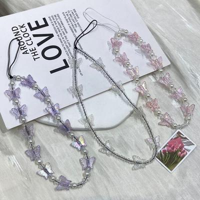 Butterfly Beaded Butterfly Cellphone Lanyard Anti-lost Crystal Clear Candy Colors Cellphone Keychain Sweet Kawaii