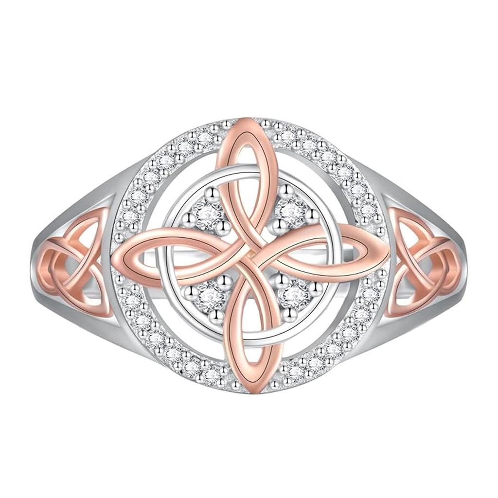 Sterling Silver Celtic Knot Ring with Round Cubic Zirconia Accents and Rose Gold Plated Detailing for Women and Girls