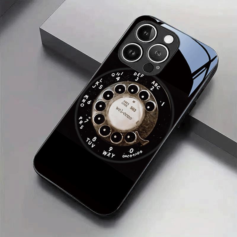 Vintage Turntable Phone Pattern Tempered Glass Phone Case Black for iPhone17 16P 15 14 13 12 11 11 Pro Back Cover