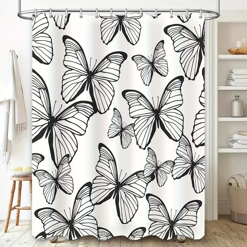 Black White Butterfly Printed Waterproof Shower Curtain Set for Bathroom Decor Home Textiles