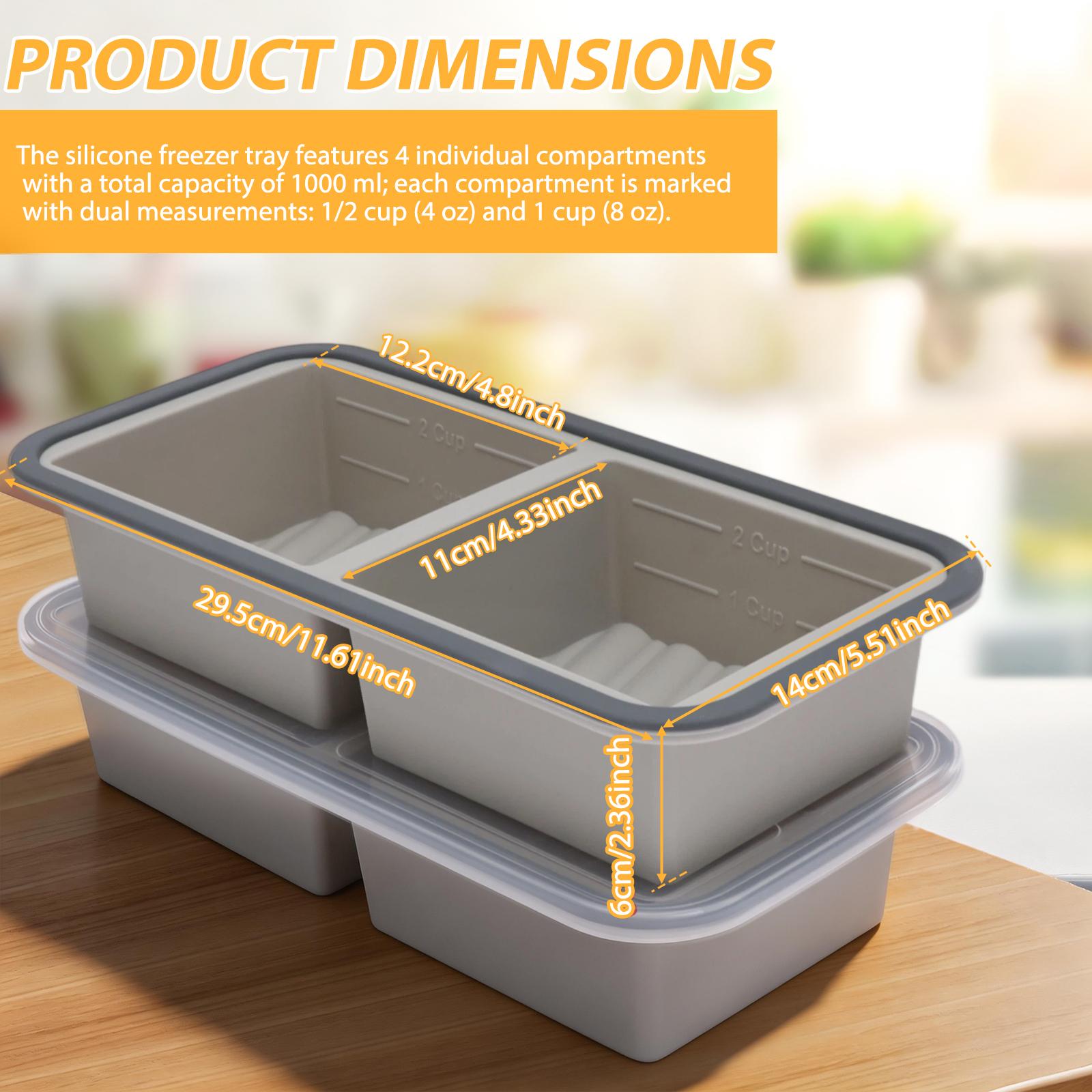 

2Pcs 2/4 Grid Silicone Freezer Mold with Lid Heat Resistant Airtight Food Freezer Tray with Measurement Markings Freezer Cubes