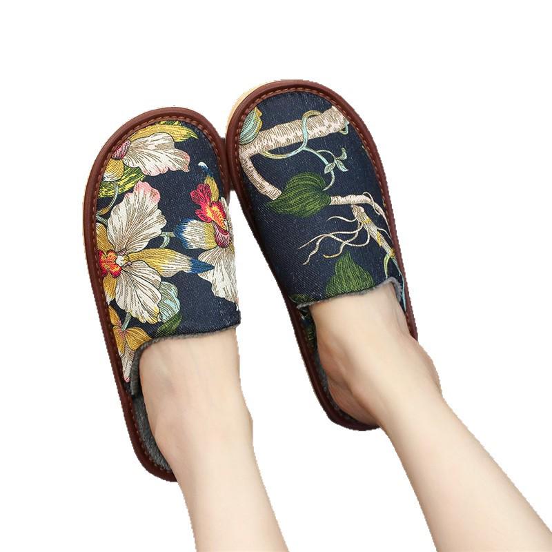 Japanese-Style Cotton Slippers: Velvet-Lined, Anti-Slip, Printed Linen, Soft TPR Sole, Durable, Comfortable, Warm.