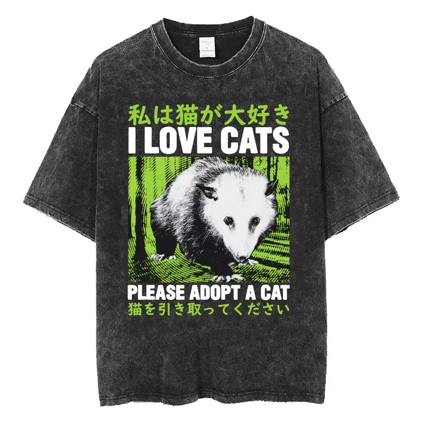 Amare Box No Thoughts Head Empty Japanese T-shirt Funny Capybara Vintage Washed T Shirt Men Women Casual Loose Short Sleeve Tees