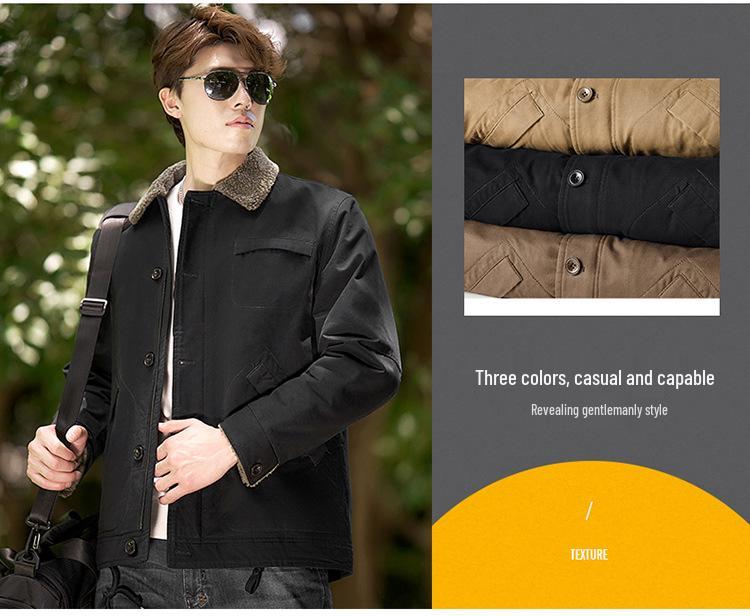 Men's Winter Fleece-Lined Lapel Military Jacket - Loose Fit Lambswool Coat