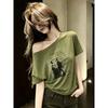 Lazy Wind One-word Shoulder Slanted Shoulder Printed T-shirt Women's Summer Loose and Thin White Short-sleeved Loose and Unique Beautiful Top