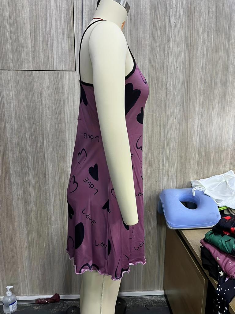 European Summer Strappy Heart Print Short Skirt Nightgown Dress