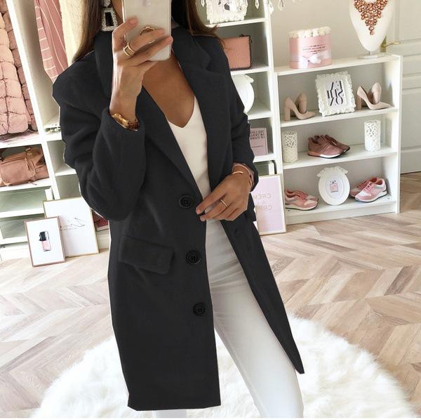 Autumn And Winter Solid Color Suit Collar Medium Long Double Row Button Wool Coat Women