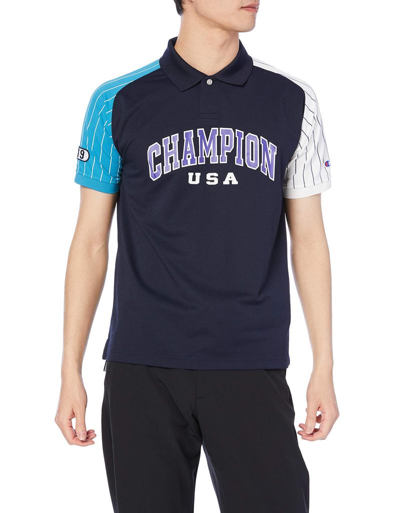 Champion Short Sleeve Polo Odor Color Graphic Logo Size L Men's Shirt, Quick-Drying, Antibacterial, Resistant, Block, Print, Striped, Golf, Navy,
