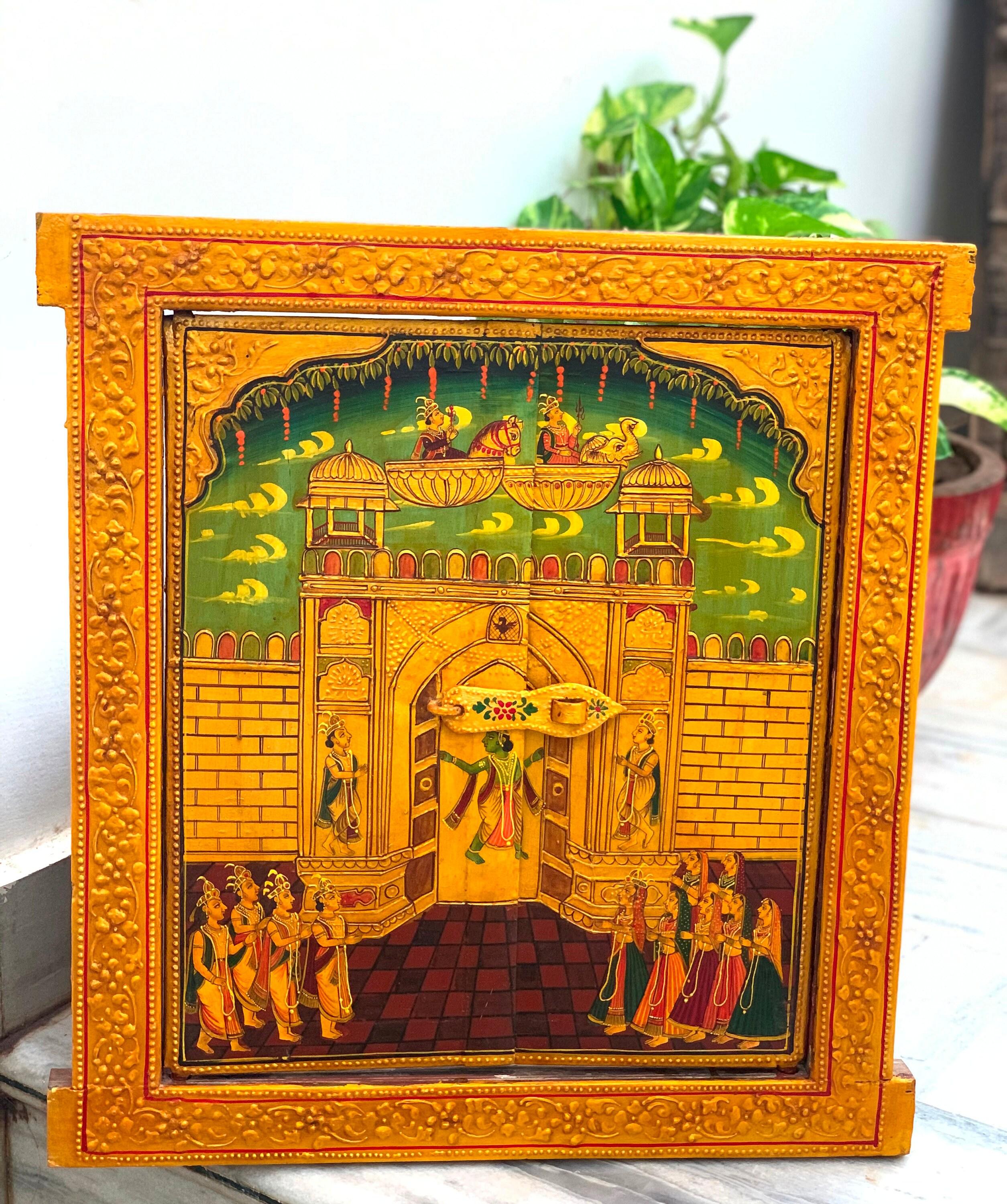 Vintage Lord Krishna Painted Wooden Window: Indian Heritage Wall Decor разноцветный