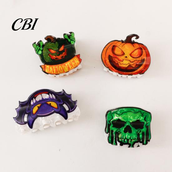 Shark Hair Claw Back Head Claw, Reinforced Clip with Elastic Base, Halloween Skull Bat Design Pumpkin Patterns for Bun Half-Tied Style Transparent