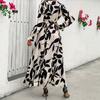 European and American popular summer V-neck printing long-sleeved slit women's dress waist elegant women's clothing