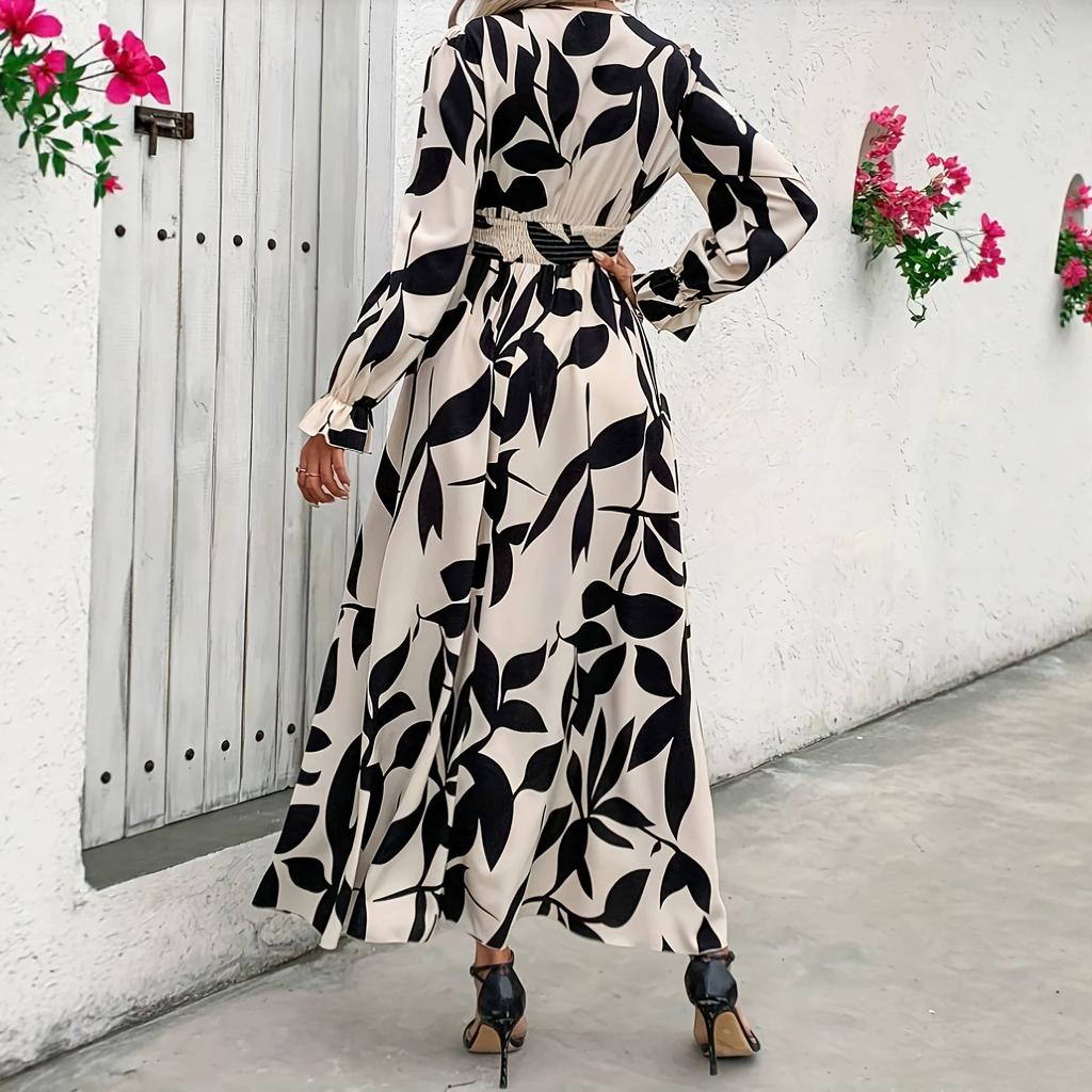 European and American popular summer V-neck printing long-sleeved slit women's dress waist elegant women's clothing