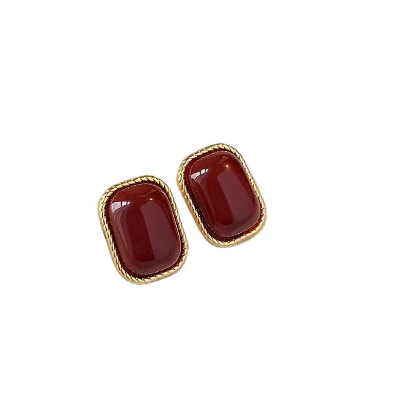 Vintage Enamel Stud Earrings for Women - Wine Red Geometric Square Metal Earrings, Hypoallergenic Wedding & Party Jewelry Gift