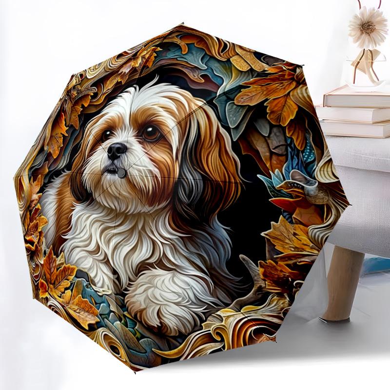 0106 Embossed Leaf Dog  Pattern, Automatic Folding Umbrella, Portable and Foldable Design, 8 Ribs, a Christmas or Birthday Gift.