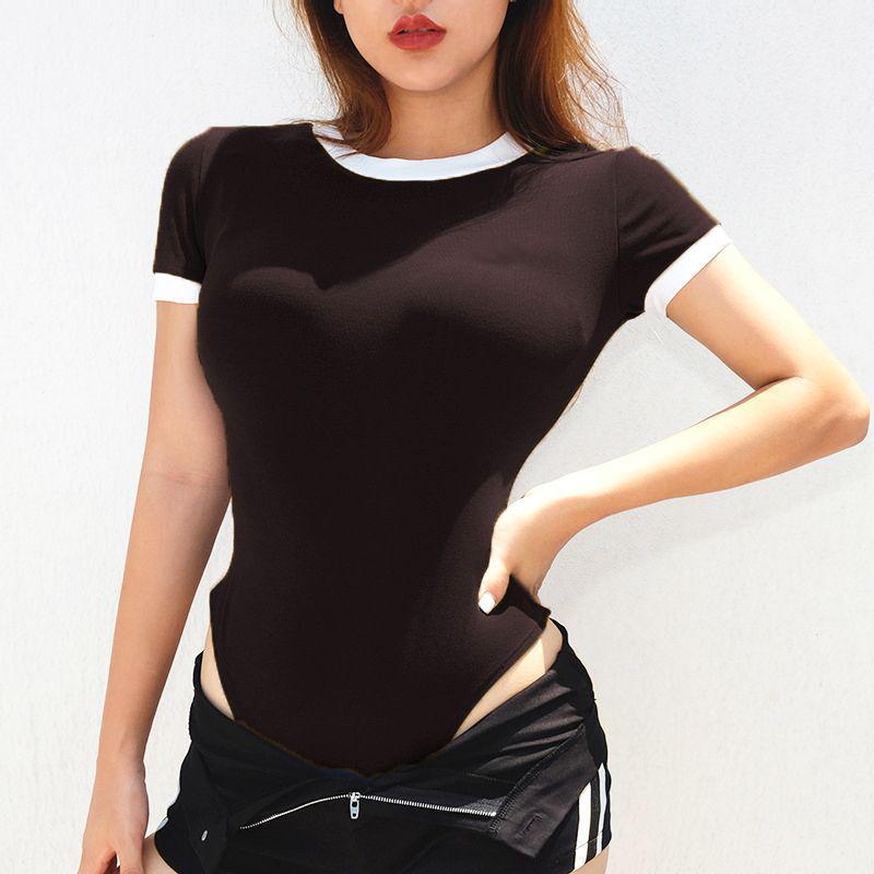 

Women s Color Block Round Neck Jumpsuit - Summer New Arrival, Short Sleeve, Slim Fit, High Waist, with Crotch Snap. S (for 40-45 kg)