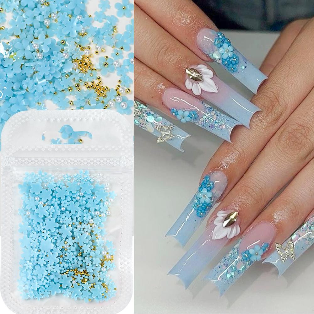 3D White Acrylic Flower Nail Art Decorations Mix Gold/Peal Beads 5G/Bag Resin Blossom Flower Nail Charms  4/6Mm Nail Accessories