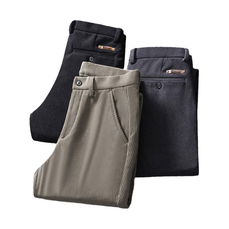Autumn Winter Fleece Warm Corduroy Pants Men Business Fashion Slim Fit Stretch Thicken Gray Khaki Fluff Casual Trousers Male