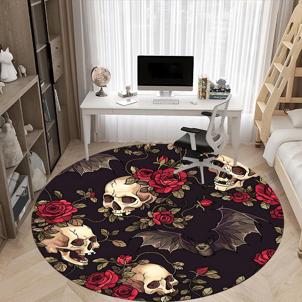 1pc Skull Roses Bats Pattern Office Round Rug, Carpet for Office, Gaming, Lightweight Round Floor Mat Yy260208090