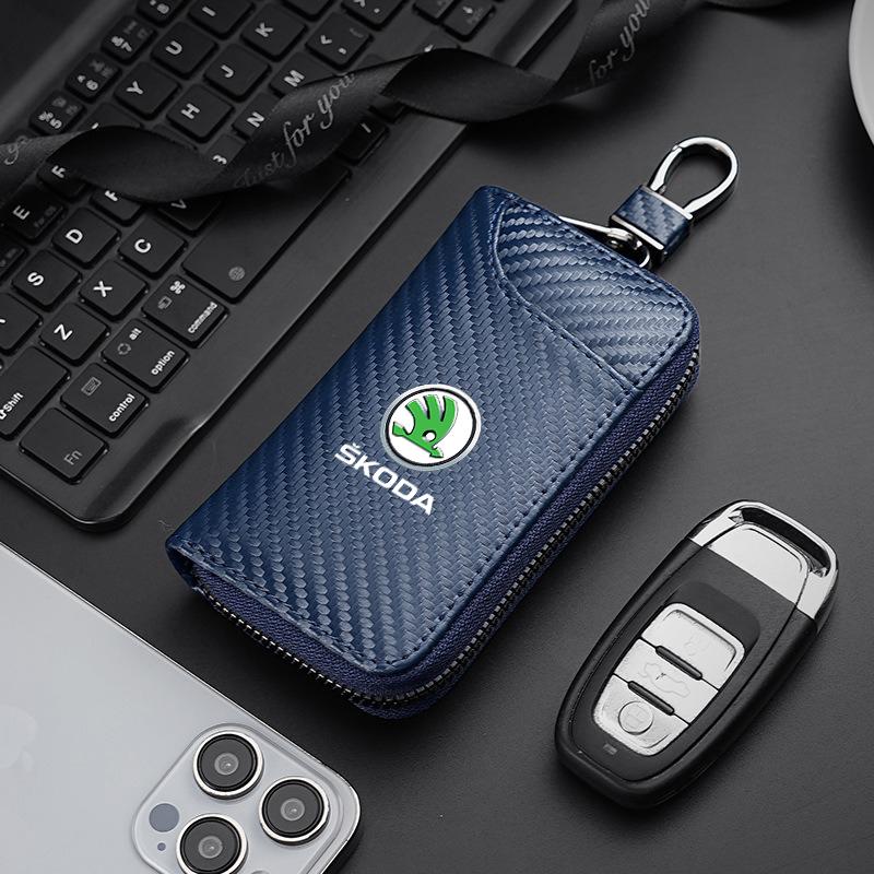Carbon Fiber Car Key Bag Multifunction Organizer Wallet For Skoda Octavia 2 3 ER8 Rapid Kodiaq Karoq Fabia Kamiq Superb Accessories