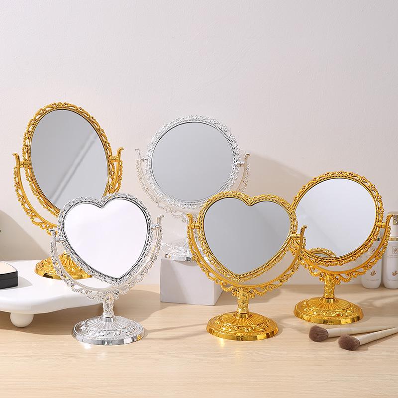 European Heart-Shaped Double-Sided Vanity Mirror - Retro Princess Style for Dormitory or Bedroom Use