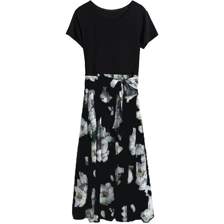Summer new temperament short-sleeved printed dress medium and long waist cover fake two-piece long dress