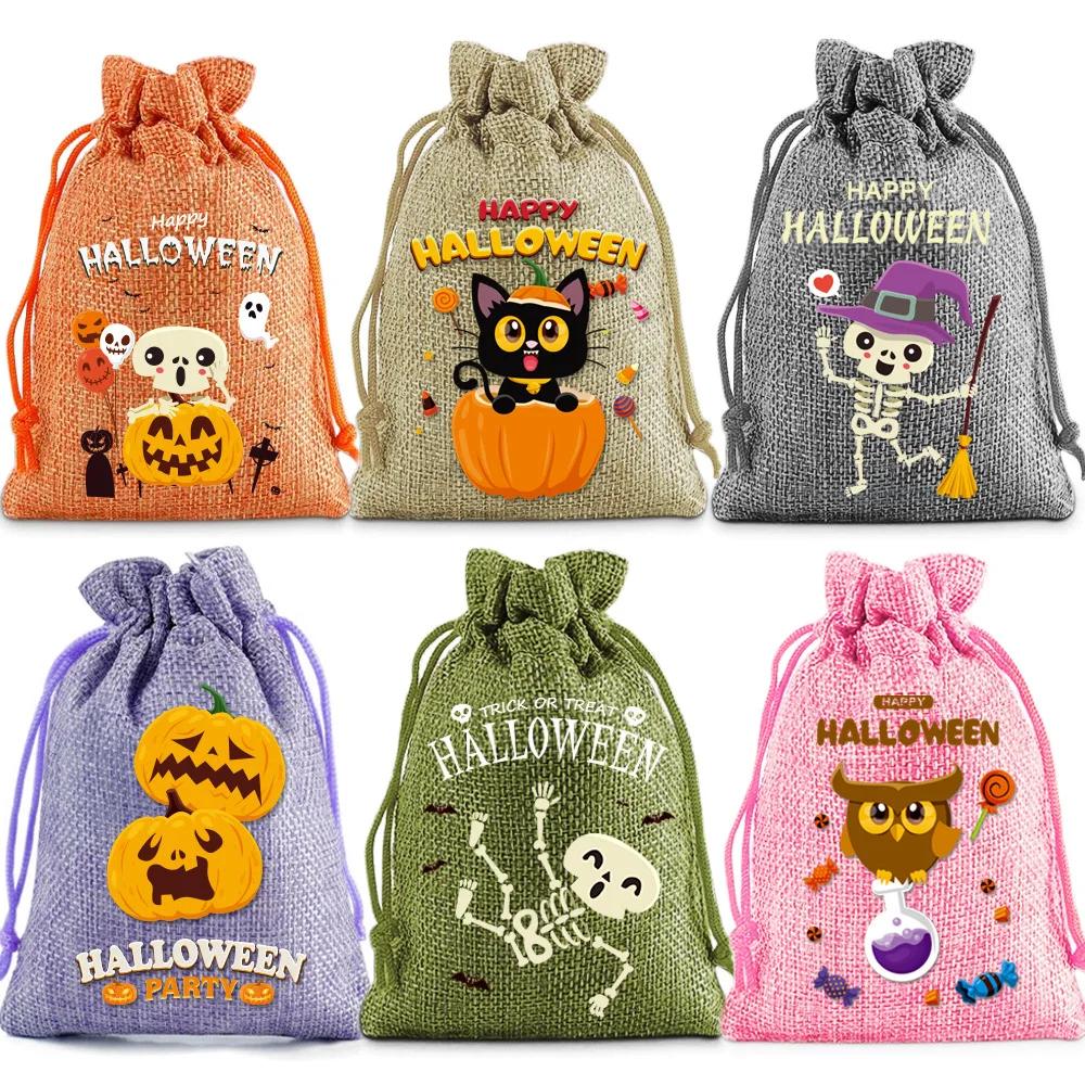 24pcs Set Drawstring Gift Bags Halloween Magic In a Bag Ghost Pumpkin Skull Pattern for Trick-or-Treating & Candy Giving