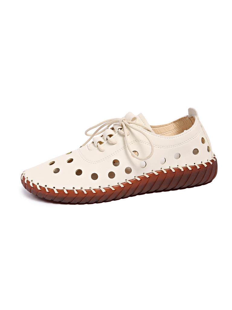 Women's Flat Shoes Cross-band Straps Round Head Breathable Hole Large Size Women's Casual Shoes Lightweight  Comfortable Outdoor