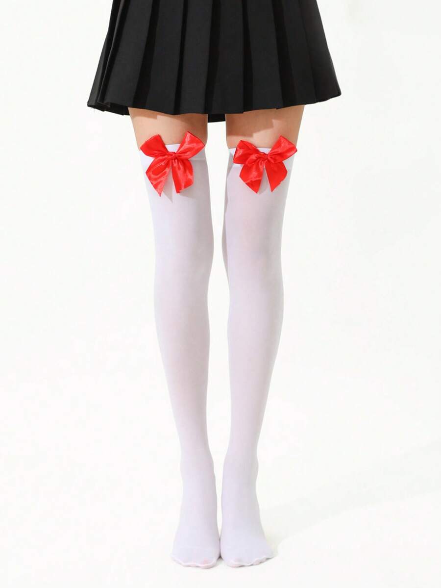 Womens White Satin Bow Thigh High Stockings With Lace Trim onesize