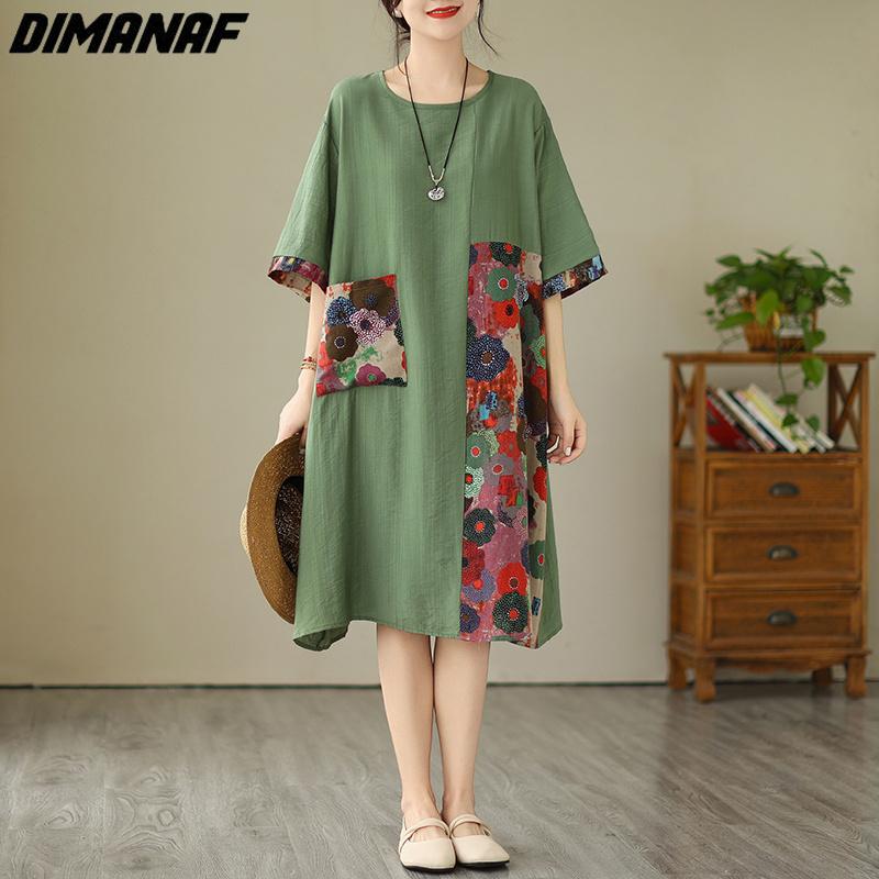 

DIMANAF 2023 Летнее платье-футболка больших размеров Женское хлопковое свободное платье с принтом Повседневные женские цветочные платья