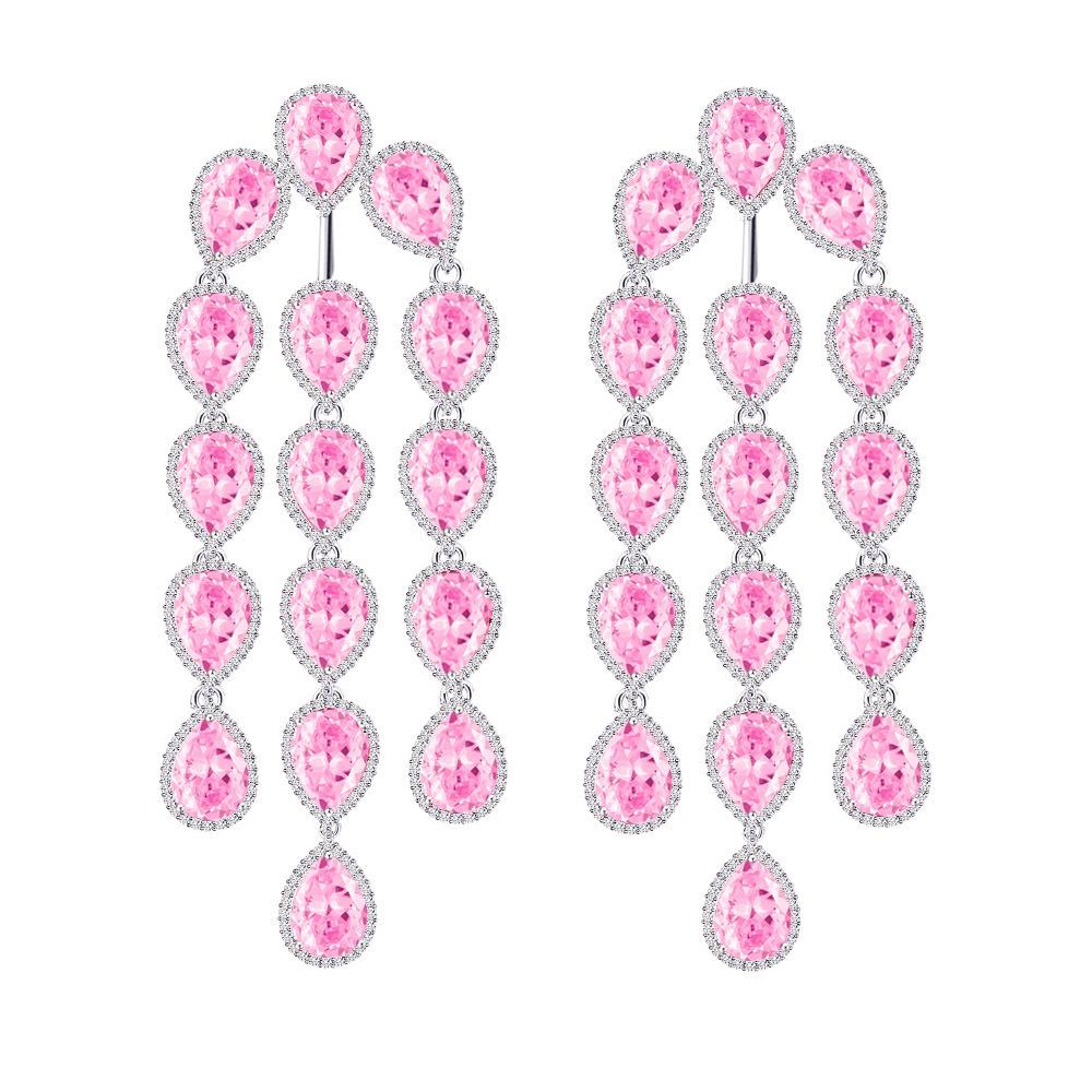 Needle Temperament Earrings Heavy Industry Micro-Inlaid Zircon Pink Diamond Water Drop Earrings Fringed Earrings